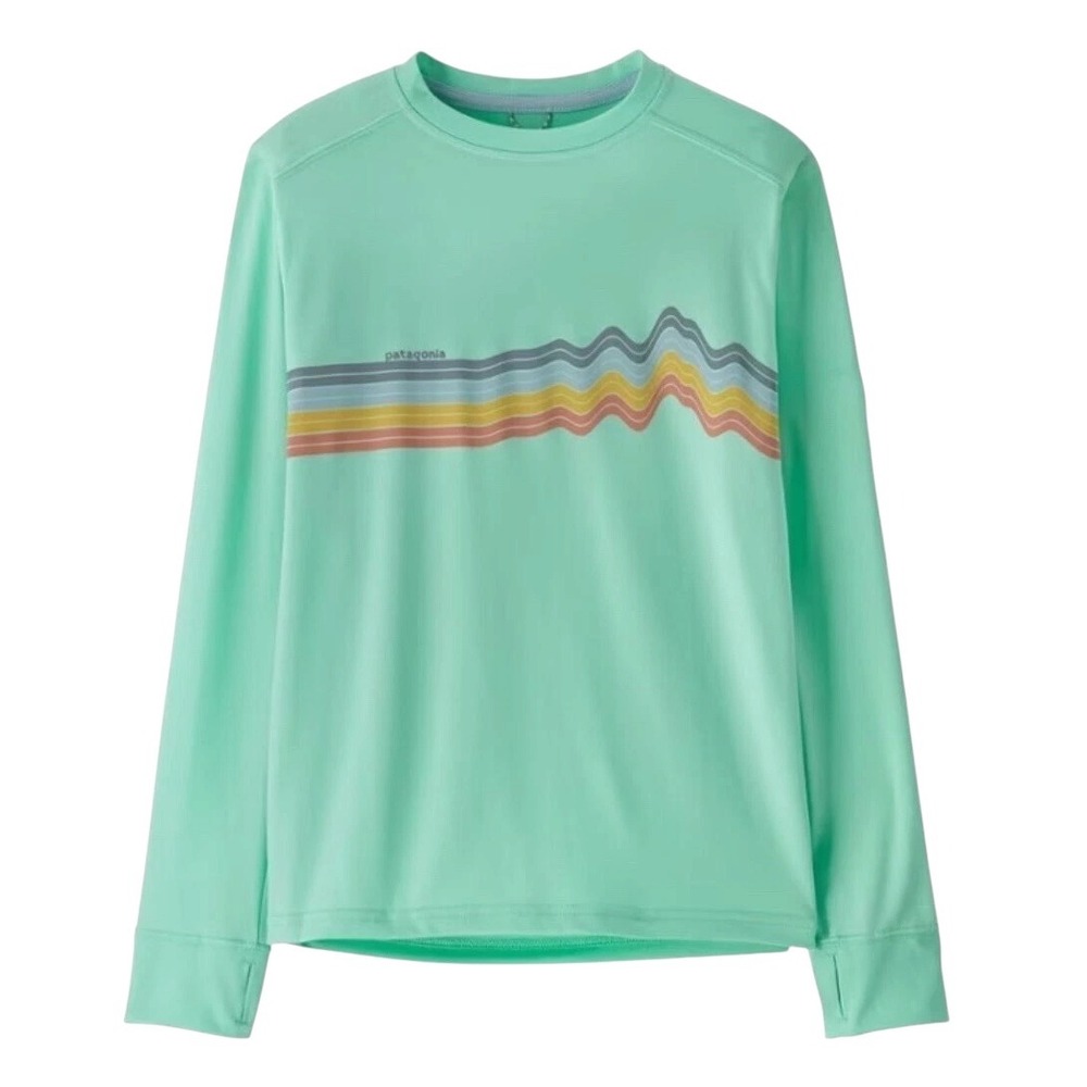Patagonia Kids L 12 Capilene Silkweight Long Sleeve Shirt Mint Rainbow Graphic